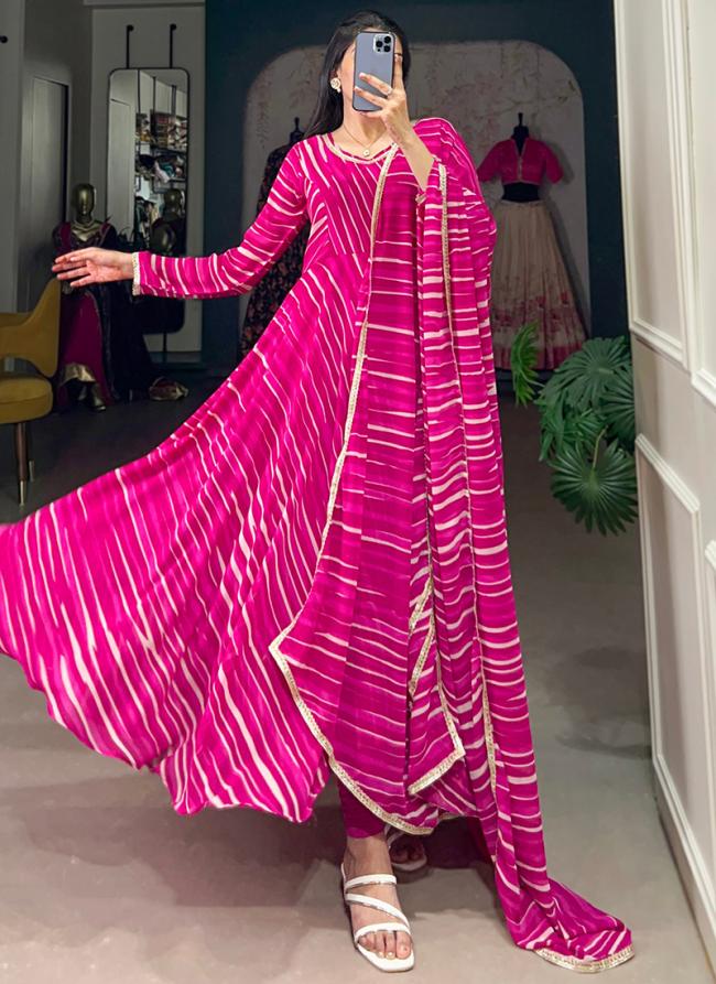 Georgette Pink Casual Wear Leheriya Print Readymade Gown With Dupatta